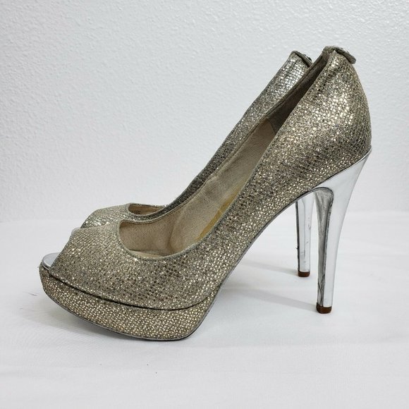 Michael Kors Peep Toe Slip On Pumps Gold‎ Silver Women Size 6 M Platform Heels - Picture 7 of 12